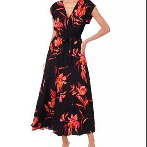 Sam & Jess Black Floral Maxi Dress Boho V Neck Belted Flowy Tropical Large